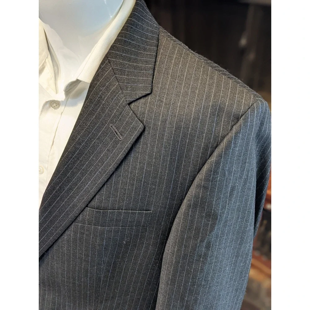 42R Ralph Lauren Black Blue Gray striped Wool Laine Blazer Sport Coat‎ Sngl Vent